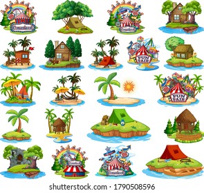 Set of different bangalows and island beach theme and amusement park isolated on white background illustration