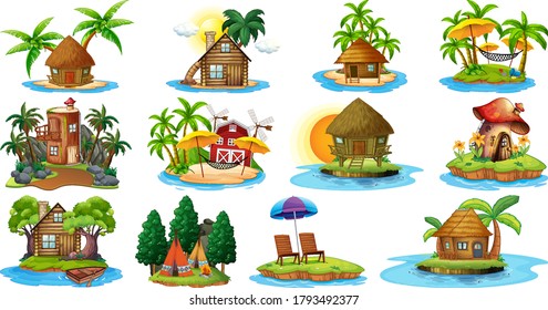 Set of different bangalows and island beach theme and amusement park isolated on white background illustration