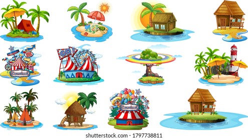 Set of different bangalows and island beach theme and amusement park isolated on white background illustration