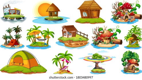 Set of different bangalows and island beach theme and amusement park isolated on white background illustration