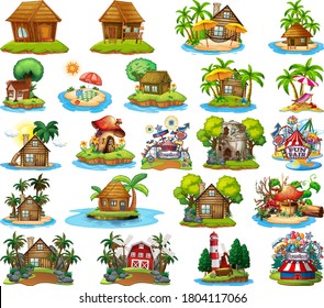 Set of different bangalows and island beach theme and amusement park isolated on white background illustration