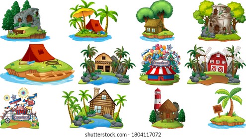 Set of different bangalows and island beach theme and amusement park isolated on white background illustration