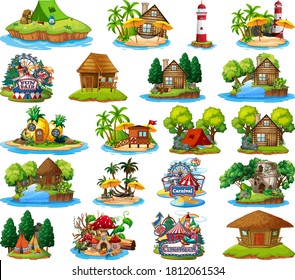 Set of different bangalows and island beach theme and amusement park isolated on white background illustration