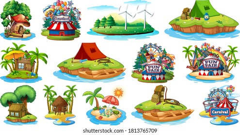 Set of different bangalows and island beach theme and amusement park isolated on white background illustration