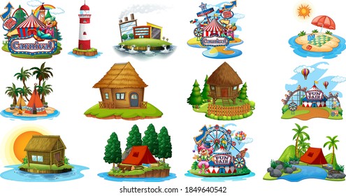 Set of different bangalows and island beach theme and amusement park isolated on white background illustration