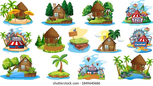 Set of different bangalows and island beach theme and amusement park isolated on white background illustration