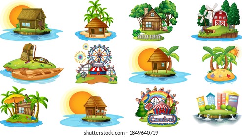 Set of different bangalows and island beach theme and amusement park isolated on white background illustration