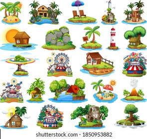 Set of different bangalows and island beach theme and amusement park isolated on white background illustration