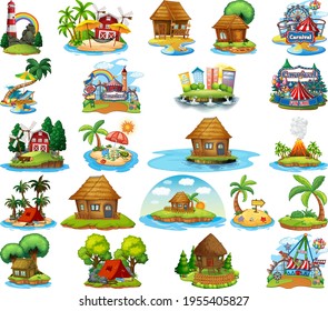 Set of different bangalows and island beach theme and amusement park isolated on white background illustration