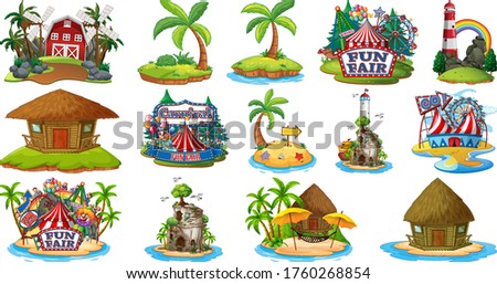 Set of different bangalows and island beach theme and amusement park and farm isolated on white background illustration