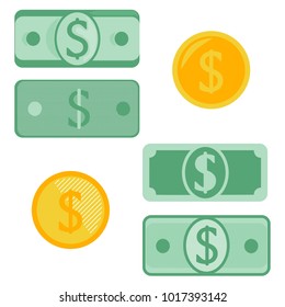 Set of different banknotes and coins with dollar symbol  in flat design. 