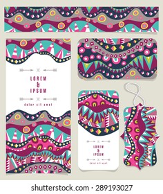 Set Of Different Banners With Aboriginal Pattern. Tribal Geometric Pattern For Corporate Identity Or Fashion Cards In Vintage Gamut. Can Use For Greeting Card, Invitation. Vector File Is EPS8.