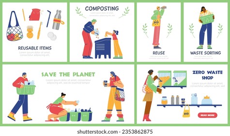 Set of different banners about zero waste flat style, vector illustration isolated on green background. Decorative designs with place for text collection, eco friendly happy people, save planet