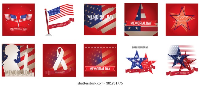 Set of different banners and backgrounds with different elements and text for memorial day