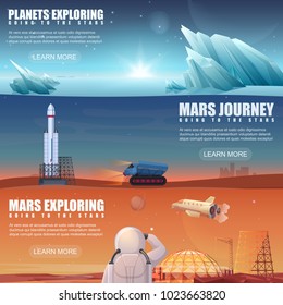 Set of different banners dedicated to alien planets, Mars exploring, space flight, space exploration, colonization misson.