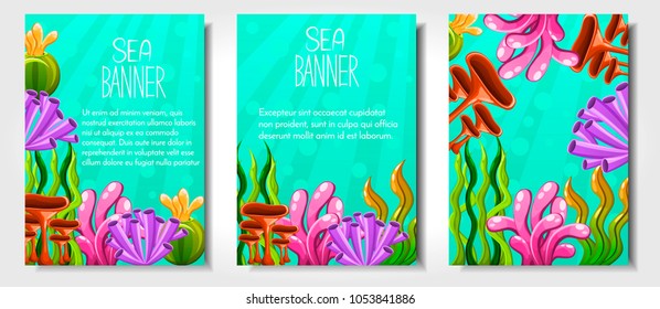 Set of different banners with plants and aquatic marine algae, seawed and corals. template for flyer, magazine, poster,cover, banner,greeting card,invitation.