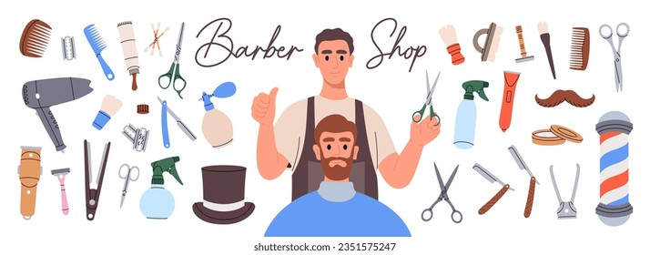 Conjunto de diferentes herramientas de barbería. Silueta de herramientas de peluquería y peluquería. Salón de pelo para ilustración de vector de hombre