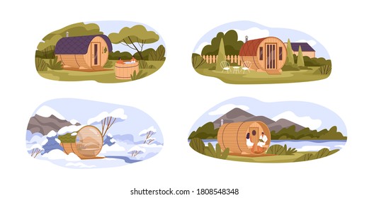 Set of different barrel sauna with natural landscape vector flat illustration. Collection of various wooden outdoor cabin with relaxing people isolated. Round bathhouse at summer and winter scenery