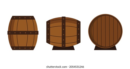 Conjunto de diferentes barriles aislados sobre fondo blanco. Barreras de madera para almacenar bebidas alcohólicas. Material vectorial