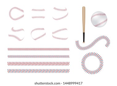 Set of different baseball and softball laces, bits and ball. Set of baseball equipment and realistic lace. Isolated vector illustration of sport game.