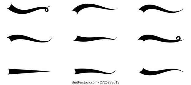 
Set aus verschiedenen Baseball Swoosh Schwänzen und Swoosh Wellen in schwarzer Farbe. Handgezeichnete Font-Elemente im Retro-Stil für Leichtathletik, Baseball. Swirl Strich Swish Unterstreichung Formen einzeln auf weißem Hintergrund.