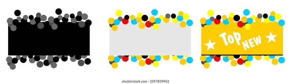 Set of different basic geometric shapes with dotted stitches. Colorful empty tags, patches, stickers, text boxes, price labels, promo code badges isolated on white background.

