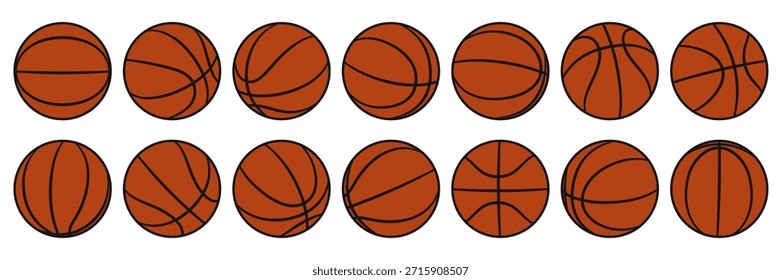 Conjunto de basquete diferente em cores laranja e preto. Ilustração de vetor plano isolada em um fundo branco.	