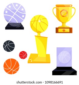 Set of different basketball trophy, award, prize, cup for player. Flat vector illustration icons on white. Basketball rewards for team. Golden trophy. Glass awards for basketball with color balls.