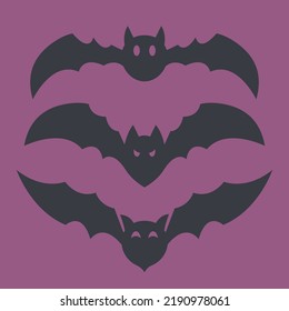 Set of different bats. Halloween characters in black flat style.