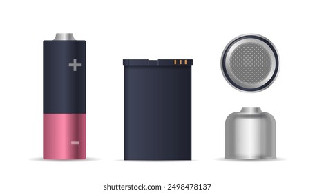 Conjunto De Diferentes Baterías Y Acumuladores Aislados Sobre Fondo Blanco. Incluye Aa, Rectangular, Celda De Botón