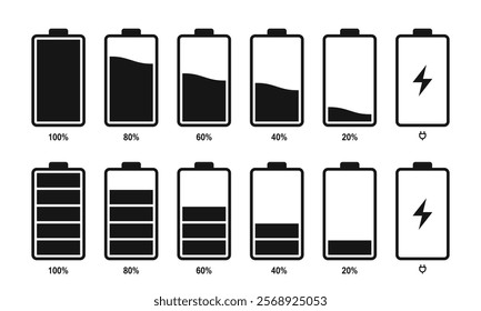 Set of different battery level. battery indicator, battery charge signs