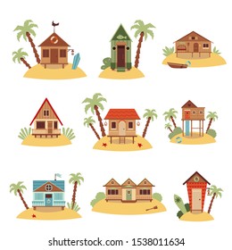 Set of different beach houses with palm trees cartoon vector illustration isolated on white background. Summer sea vacation icons for tourism and traveling design.