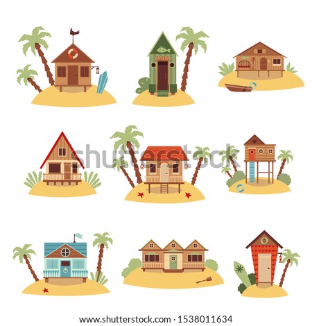 Set of different beach houses with palm trees cartoon vector illustration isolated on white background. Summer sea vacation icons for tourism and traveling design.
