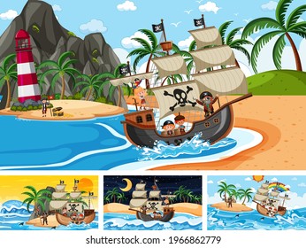 Set of different beach scenes with pirate ship and pirate cartoon character illustration