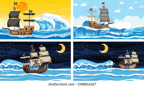 Set of different beach scenes with pirate ship illustration