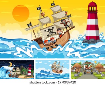 Set of different beach scenes with pirate ship illustration