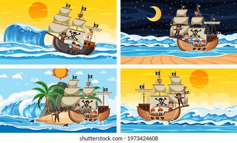 Set of different beach scenes with pirate ship and pirate cartoon character illustration