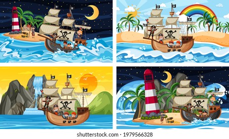 Set of different beach scenes with pirate ship and pirate cartoon character illustration