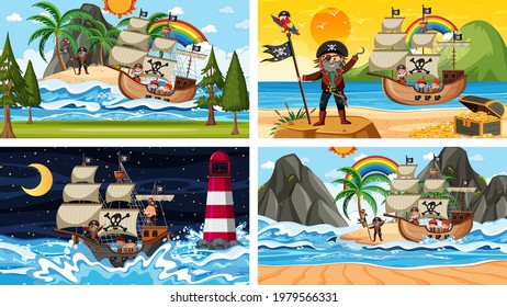 Set of different beach scenes with pirate ship and pirate cartoon character illustration