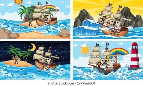Set of different beach scenes with pirate ship and pirate cartoon character illustration