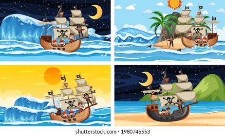 Set of different beach scenes with pirate ship illustration