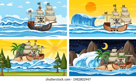 Set of different beach scenes with pirate ship and pirate cartoon character illustration