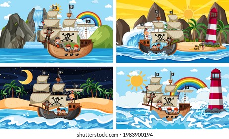 Set of different beach scenes with pirate ship illustration