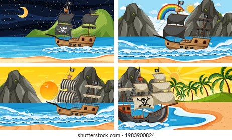 Set of different beach scenes with pirate ship and pirate cartoon character illustration