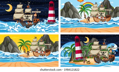 Set of different beach scenes with pirate ship and pirate cartoon character illustration