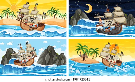 Montaje de diferentes escenas de playa con ilustraciones de personajes de caricaturas piratas y barcos piratas