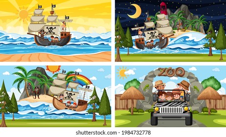 Set of different beach scenes with pirate ship and pirate cartoon character illustration