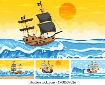 Montaje de diferentes escenas de playa con ilustraciones de personajes de caricaturas piratas y barcos piratas