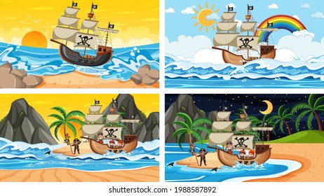 Set of different beach scenes with pirate ship and pirate cartoon character illustration