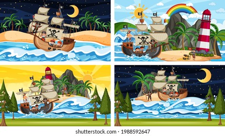 Escenarios de playa diferentes con ilustraciones de barcos piratas